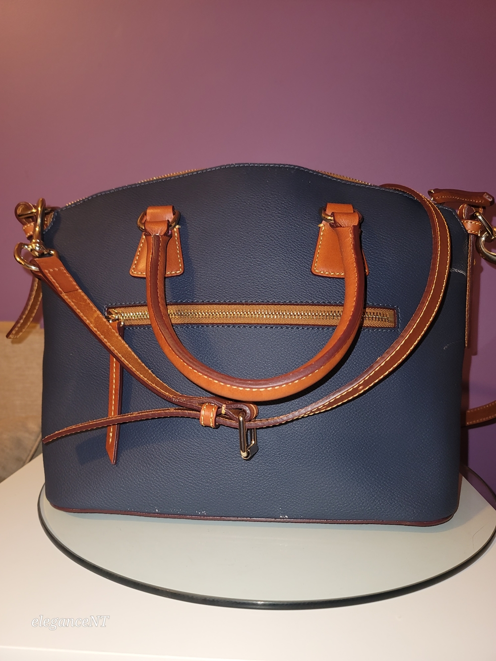 Dooney & Bourke Navy Kirby Domed Satchel Leather with Tan Trim - Picture 4 of 17